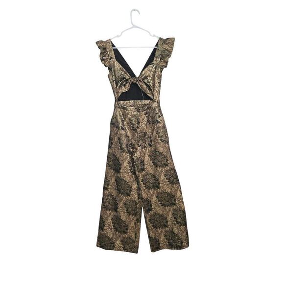 Happy x Nature Pants - Happy x Nature Gold Floral Tie Front Jumpsuit Sleeveless V-Neck Wide Leg Sz 4 S